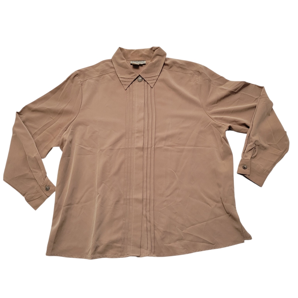 Notations Beige Blouse Boss lady Secretary Shirt Ornate Cuff Buttons Pleated 18W
